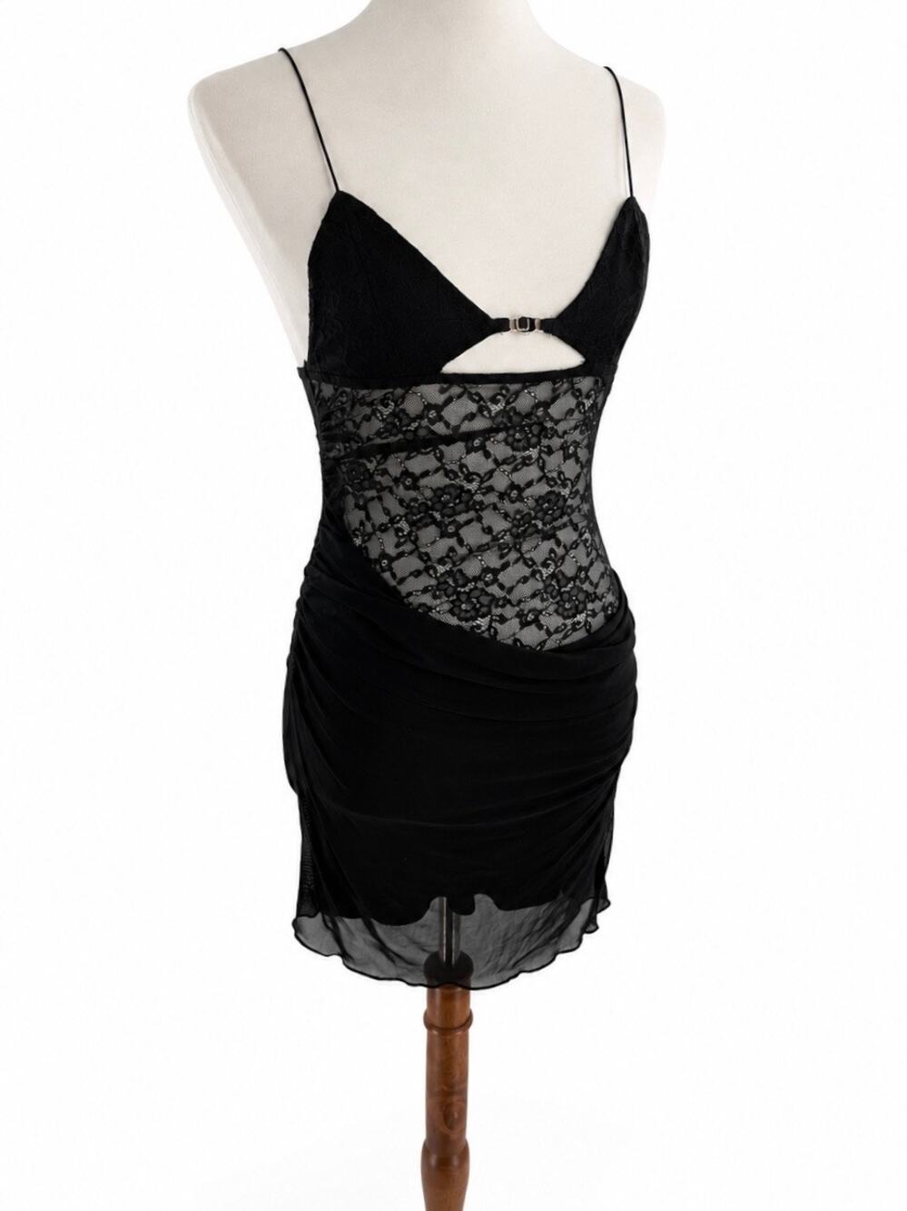 Women’s Black Lace Mini Dress Strappy Ruched Mesh Cutout Y2K Small